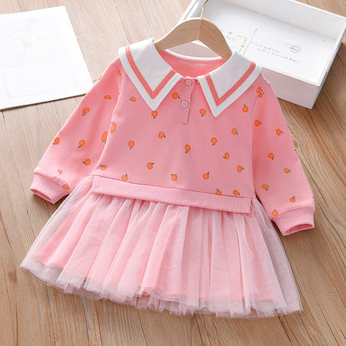 Baby Girl Fruit Pattern College Style Lapel Design Mesh Patchwork