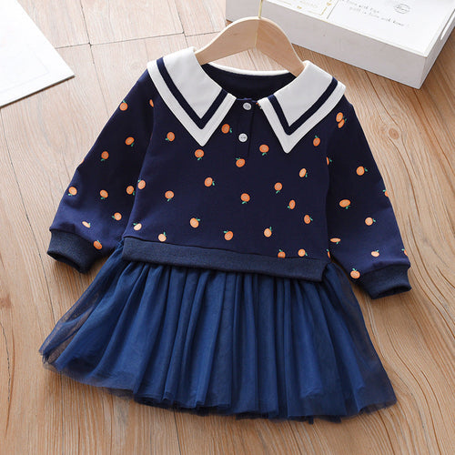 Baby Girl Fruit Pattern College Style Lapel Design Mesh Patchwork