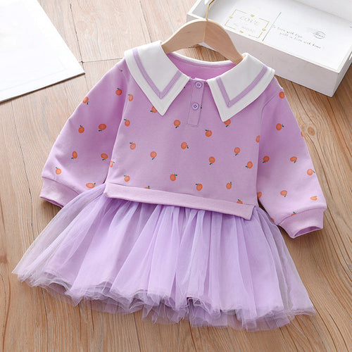 Baby Girl Fruit Pattern College Style Lapel Design Mesh Patchwork