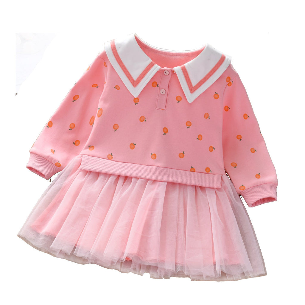 Baby Girl Fruit Pattern College Style Lapel Design Mesh Patchwork