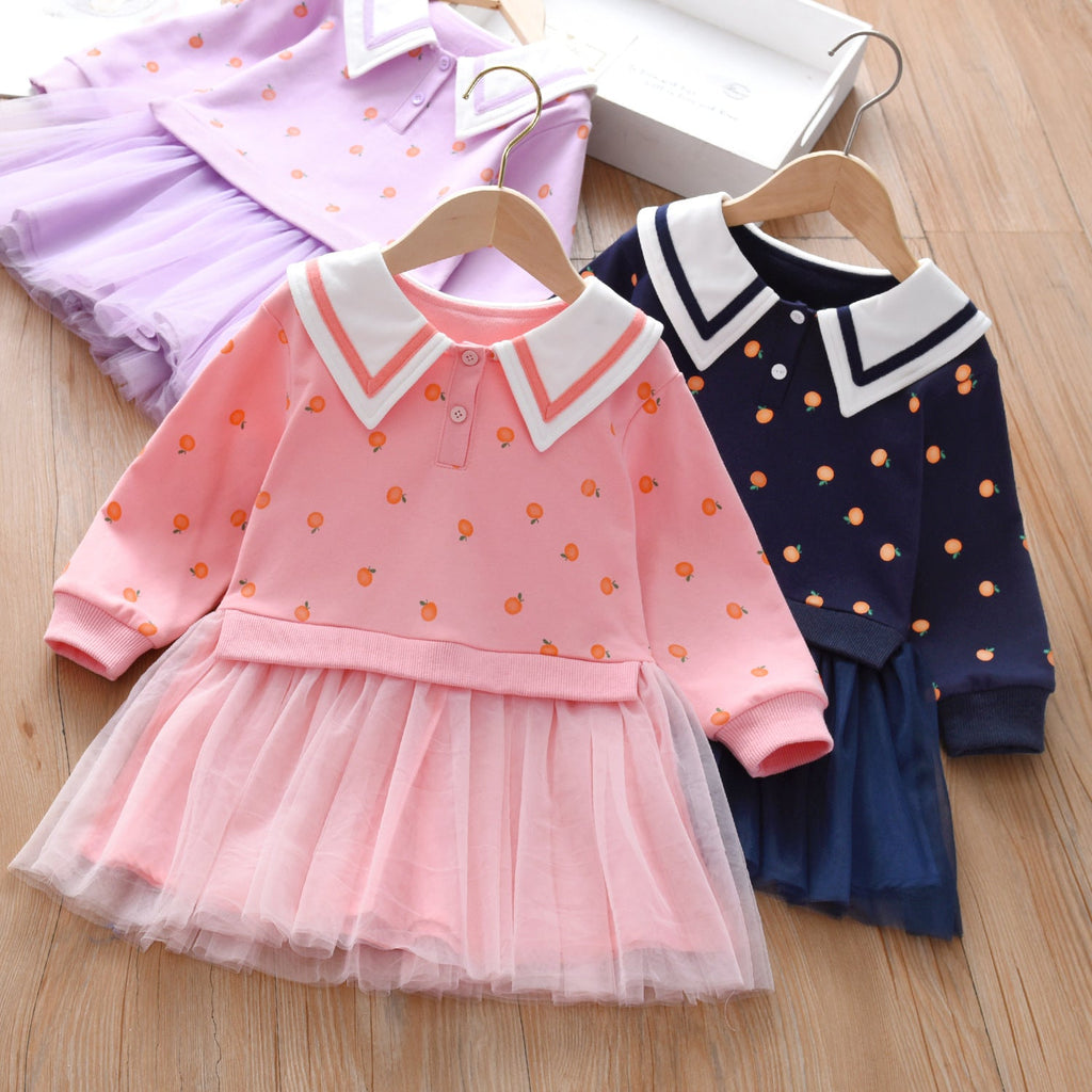Baby Girl Fruit Pattern College Style Lapel Design Mesh Patchwork