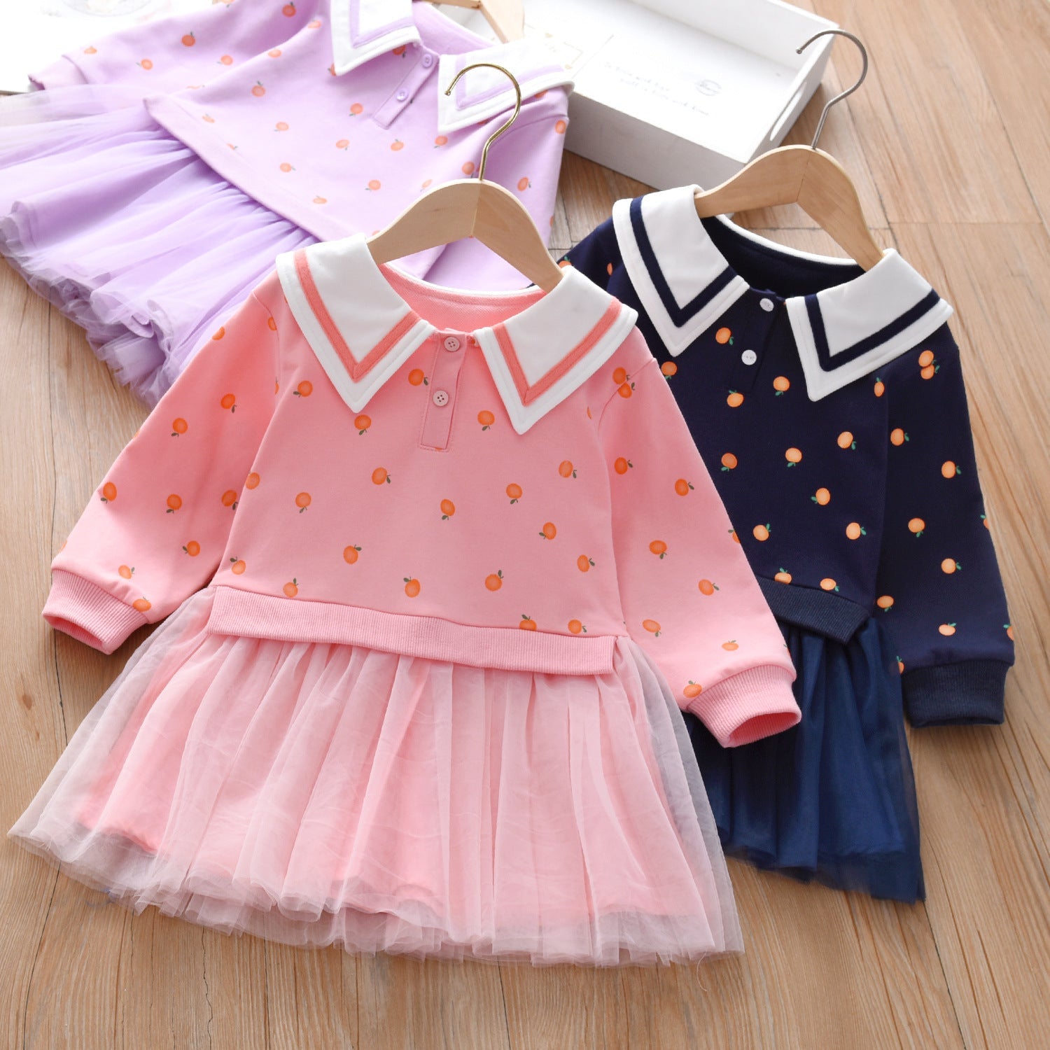 Baby Girl Fruit Pattern College Style Lapel Design Mesh Patchwork
