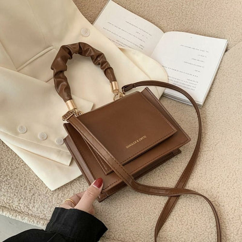 Women Pleated Handbag Tote Retro Stone Pattern PU Leather Lady Flap