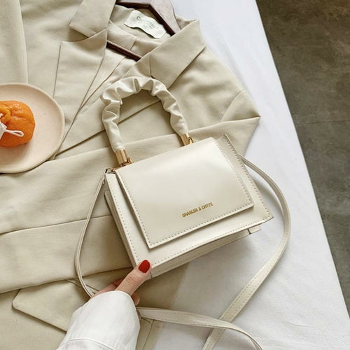 Women Pleated Handbag Tote Retro Stone Pattern PU Leather Lady Flap